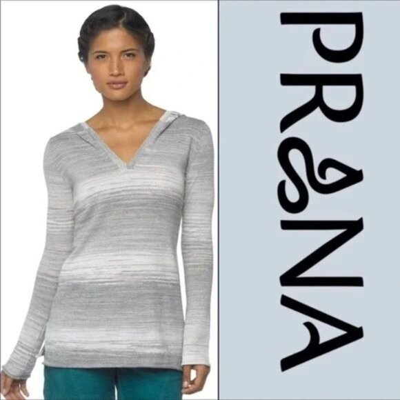 Prana Womens Gemma Hooded Sweater Gray Striped Lightweight Knit Size Large - Picture 1 of 10